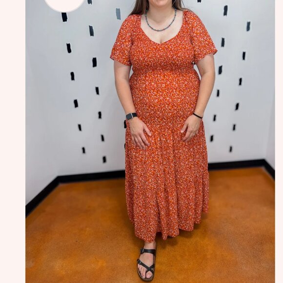 White Birch Smocked Maxi Dress Womens SZ 3X Floral Tiered Burn Orange Milkmaid - Picture 12 of 13